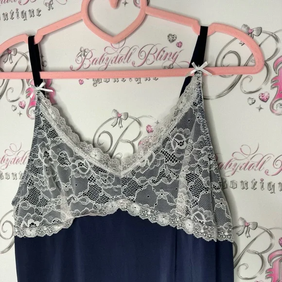 Nanette Lapore dress chemise babydoll navy blue with white lace floral flowers - Picture 4 of 5